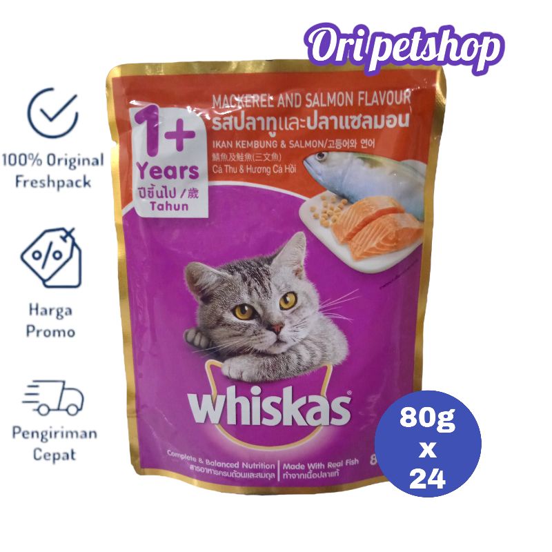 (24 pouch) Whiskas Sachet Pouch 80g Wet Cat Wood - 1+ Makcerel With Salmon