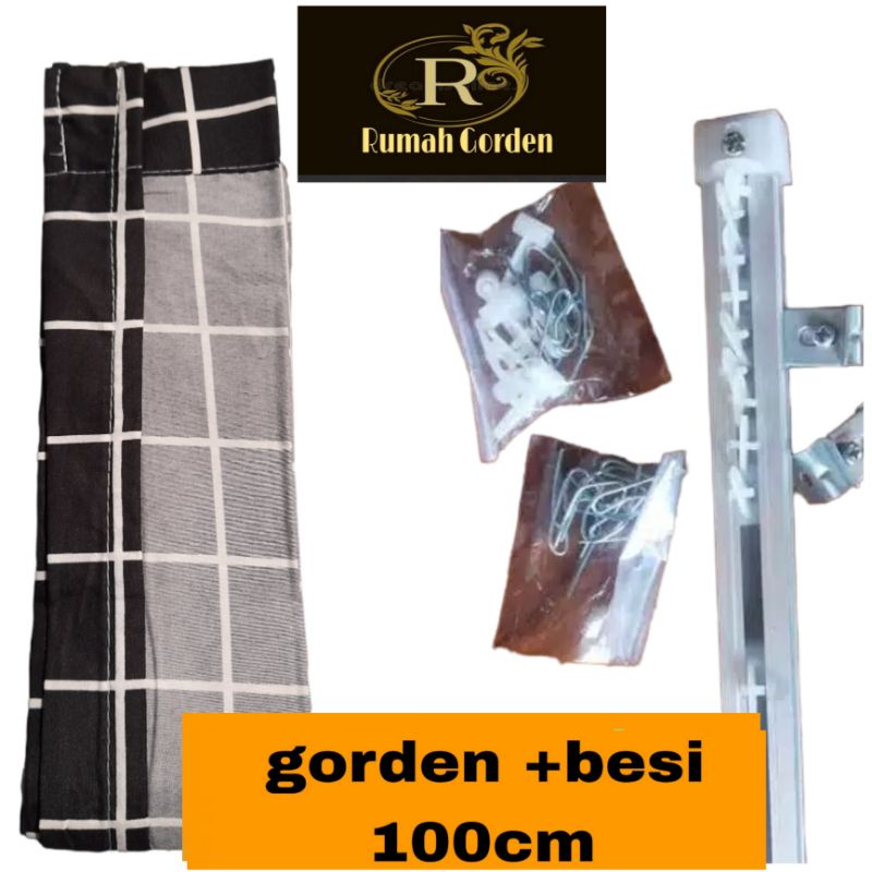 [ satu set lengkap gorden + besi ] gorden pintu jendela kotak kotak hitam putih gorden plisket gorde