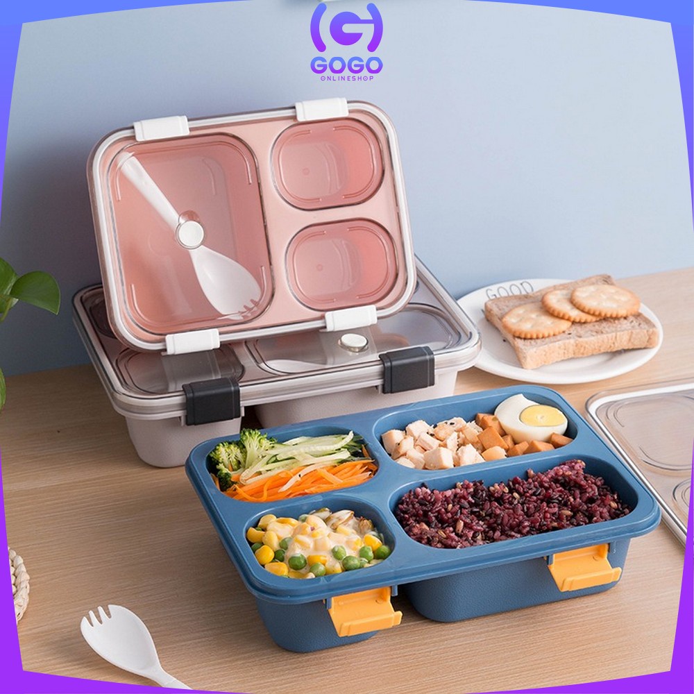 GOGO-C446 Kotak Bekal 3 Sekat 4 Sekat Anti Tumpah Tempat Makan Lunch Box Free Sendok Food Grade Impor Murah