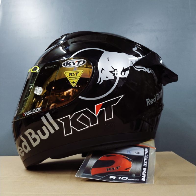 Helm KYT R-10 Solid Black Matt / Hitam Glossy Paket Ganteng Leopard Dan RedBull