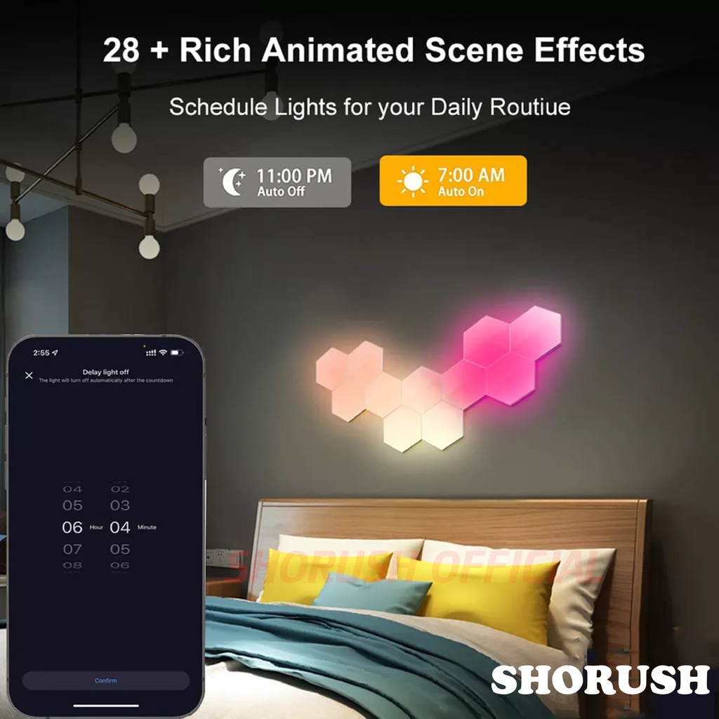 Shorush Smart Hexagonal Light LED panel RGB Auto Google Assistant for Studio Interior Gaming Workspace Ruang Tamu Kamar Tidur Lampu Dekorasi Hexagon (Home IOT Automation Google Alexa SIRI)