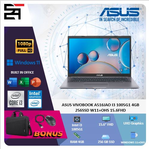 Laptop Asus Vivobook A516JAO i3 1005G1 8GB 512GB SSD W11 OHS 15.6 Inchi FHD