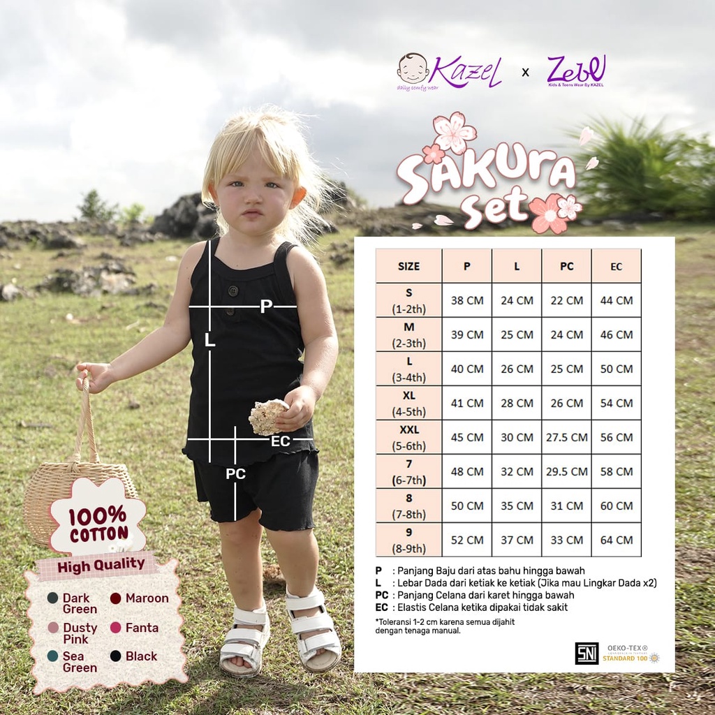 Kazel x Zebe Sakura Set 1-9 Tahun Setelan Kutung Ruffle Anak Perempuan CBKS