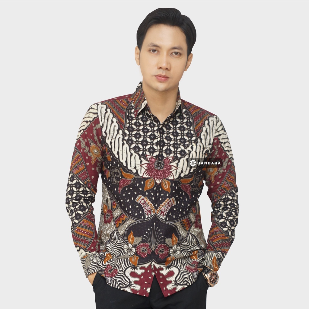 Baju Kemeja Batik Pria Lengan Panjang Slim Fit Premium Modern Full Furing Katun Halus Original Handara Motif Putra Prabu Kawung Tutup Bir HB-247