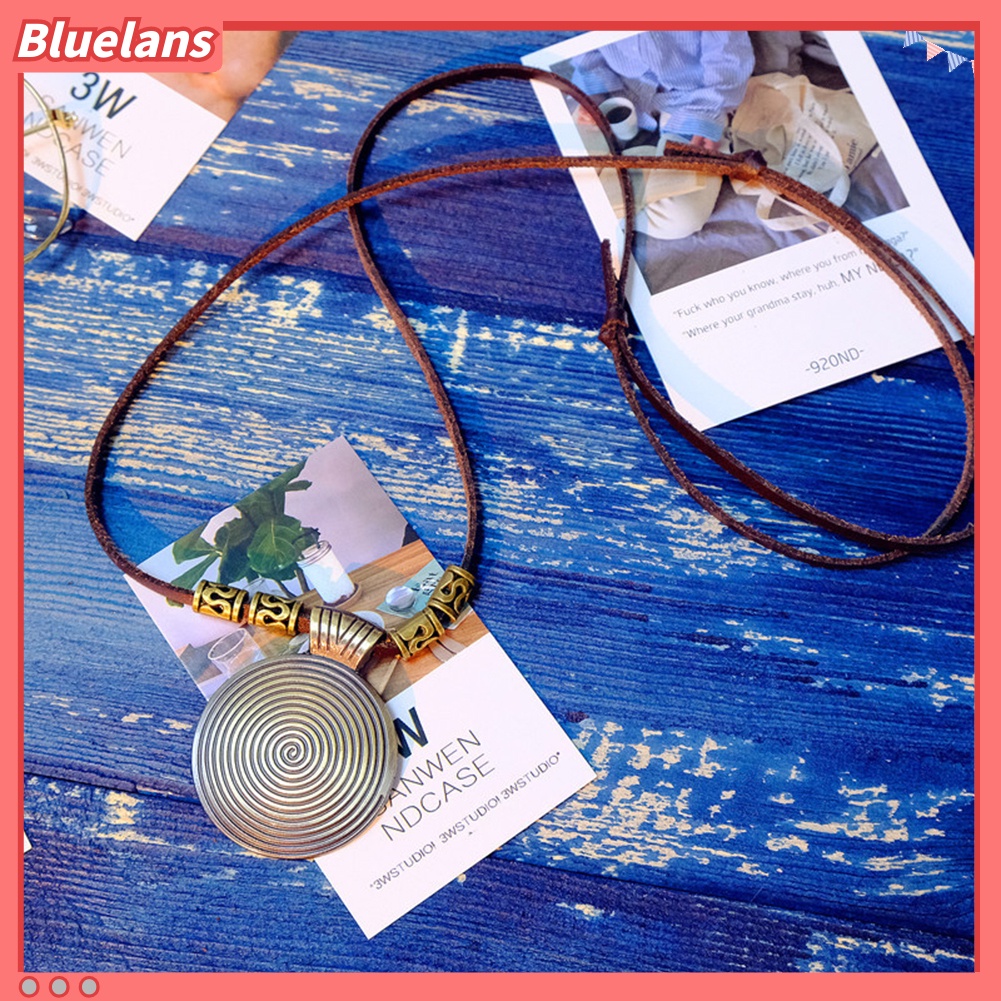 Bluelans Vintage Women Ethnic Faux Leather Spiral Disc Round Pendant Sweater Necklace