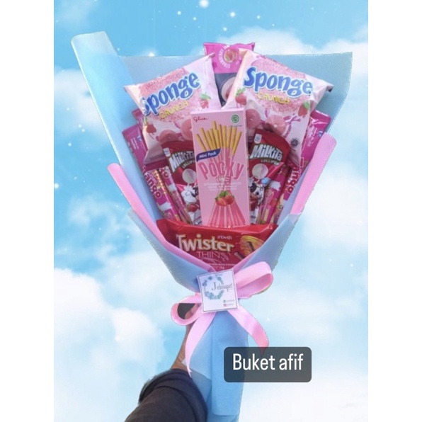 

(S) BUKET BIRU MUDA PINK MUDA SPONGE/Anniversary/bingkisan Snack Ulang Tahun/Ultah/Wisuda/buket snack/ buket wisuda/ hadiah pacar / hadiah ortu / birthday / hampers