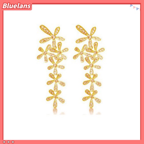 [Bayar Di Tempat]Anting Stud Fashion: Penuh Berlian Buatan Model Bunga Salku Panjang Menjuntai