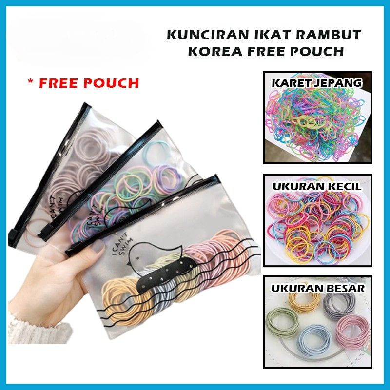 [BISA COD] IKAT RAMBUT KOREA  FREE POUCH Karet Warna Polos Gelang Tali Kunciran Aksesoris Anak Kuncir