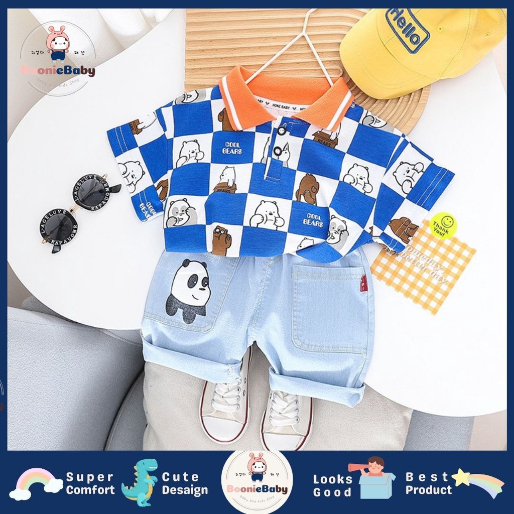 boonie [COD] setelan kaos krah polo kotak celana pendek denim bear anak laki laki usia 1 2 3 4 5 fashion import WEBEAR