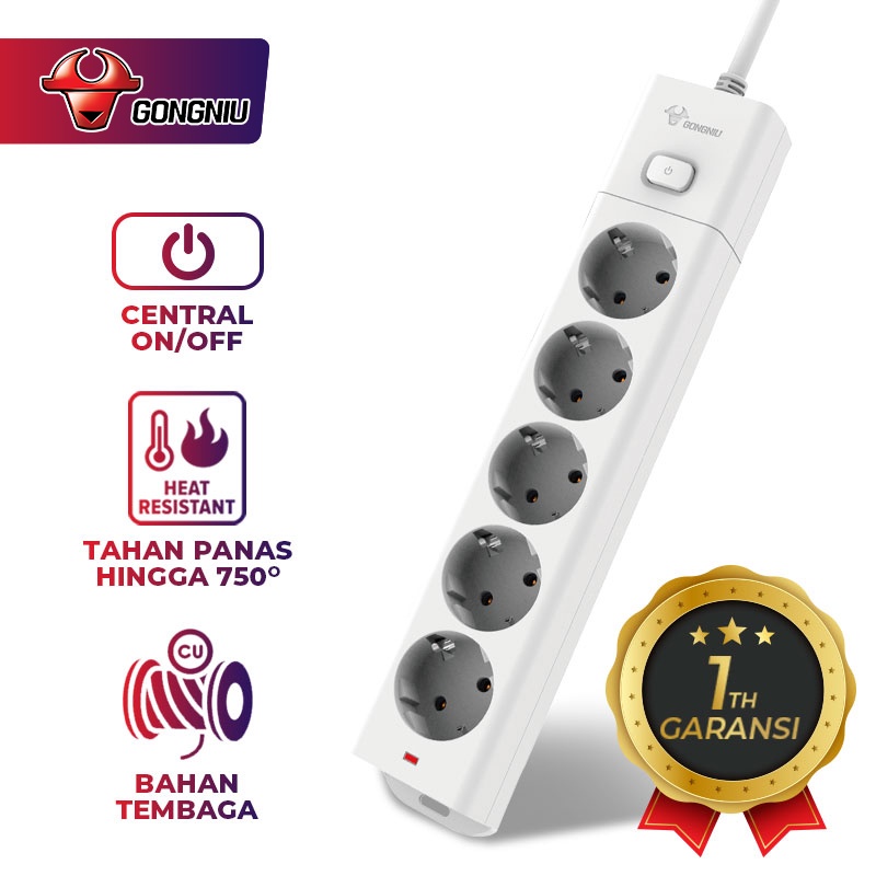 Gongniu Stop Kontak Central On/Off Power Strip 5 Lubang Colokan G1050 Tahan Panas Dengan Panjang Kabel (1.5m / 3m / 5m)  - Garansi 1 Tahun