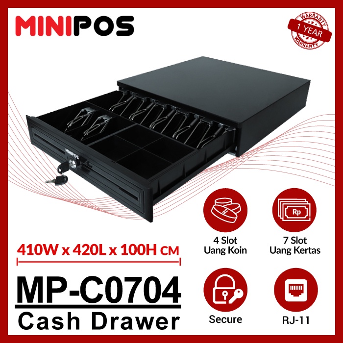 Laci Kasir MiniPOS MP-C0704 Cash Drawer Laci Uang 7 Slot 4 Koin Metal Plastik