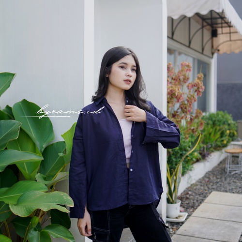 Kemeja Wanita Oversize Linen Olivia Shirt Linen Pocket Oversize-NAVY