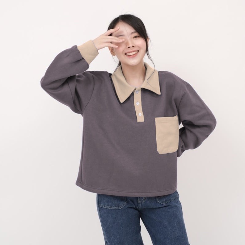 Sweater Wanita - Pocky Collar Sweater Wanita Overszie - crewneck baju wanita casual