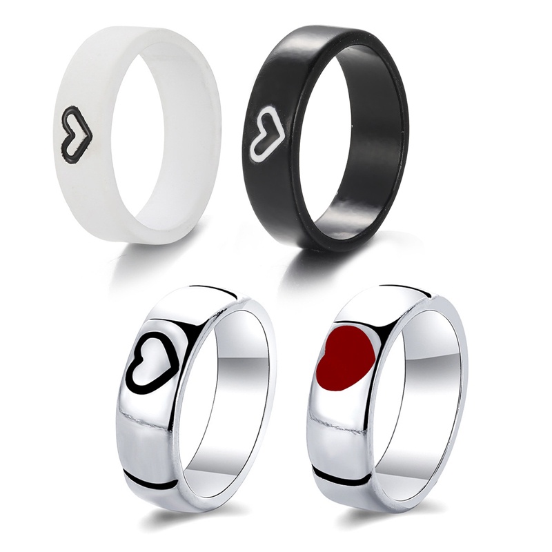 Fancyqube 1 Pasang Cincin Bentuk Hati Bahan Alloy Warna Silver Hitam Putih Untuk Wanita