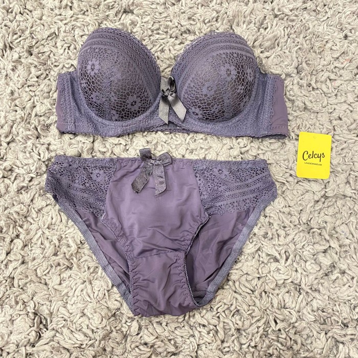 NEW Celcys Bra Set Art 8821 | Bra Kawat Cup B 32-38 Kait 3 Brukat Halus - Ungu, 38