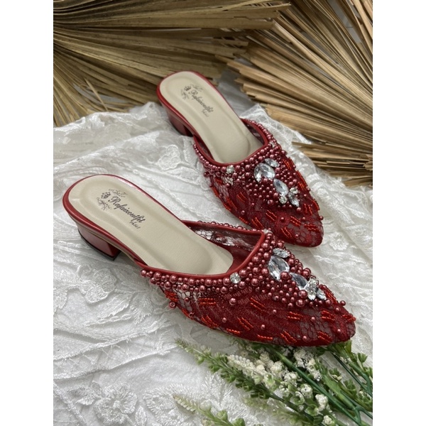 sepatu wedding Angela wanita merah marron tinggi 3cm tahu