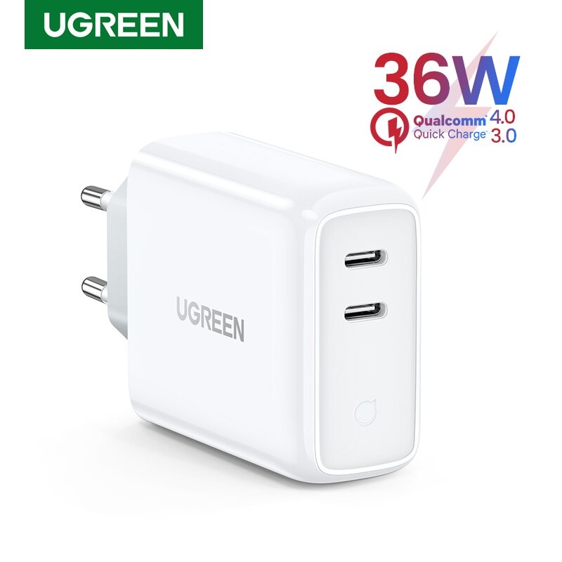 UGREEN Adaptor 36W Dual Port USB Type C Wall Charger Adapter 18W PD QC 3.0