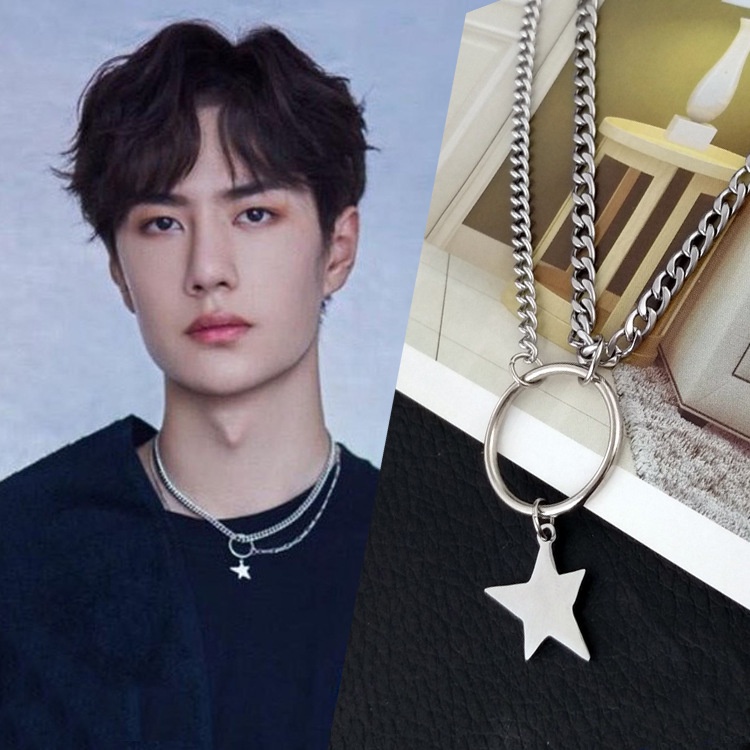 Gaya Baru Hanya Kalung Wang Yibo Gaya Yang Sama Sederhana Eropa Amerika Logam Berujung Lima Bintang Liontin Lapisan Ganda Kalung Pria Wanita Fashion