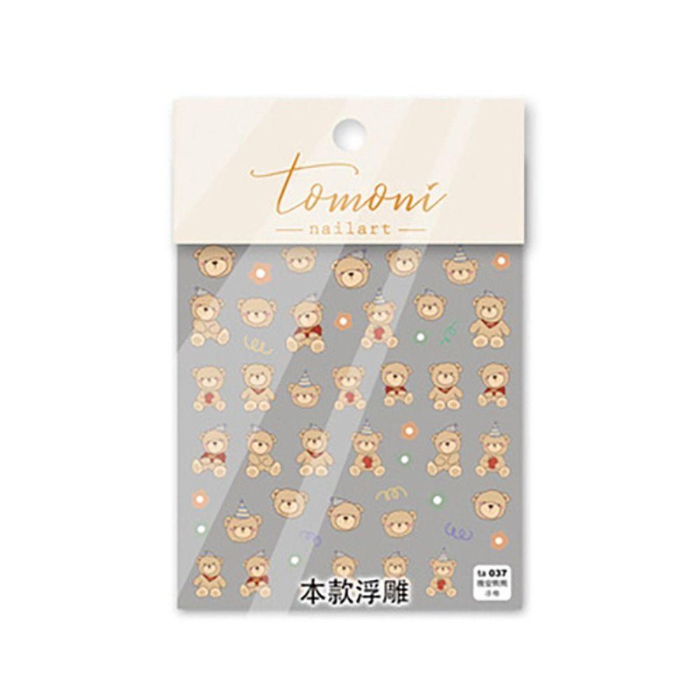 Needway Beruang Kelinci Stiker Kuku Gadis 5D Nail Art Decals Lem Belakang Kartun Relief Manicure Charms