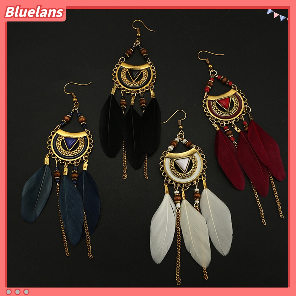 Anting Kait Gantung Wanita Desain Hollow + Rumbai Bulu Gaya Retro / Etnik Untuk Hadiah