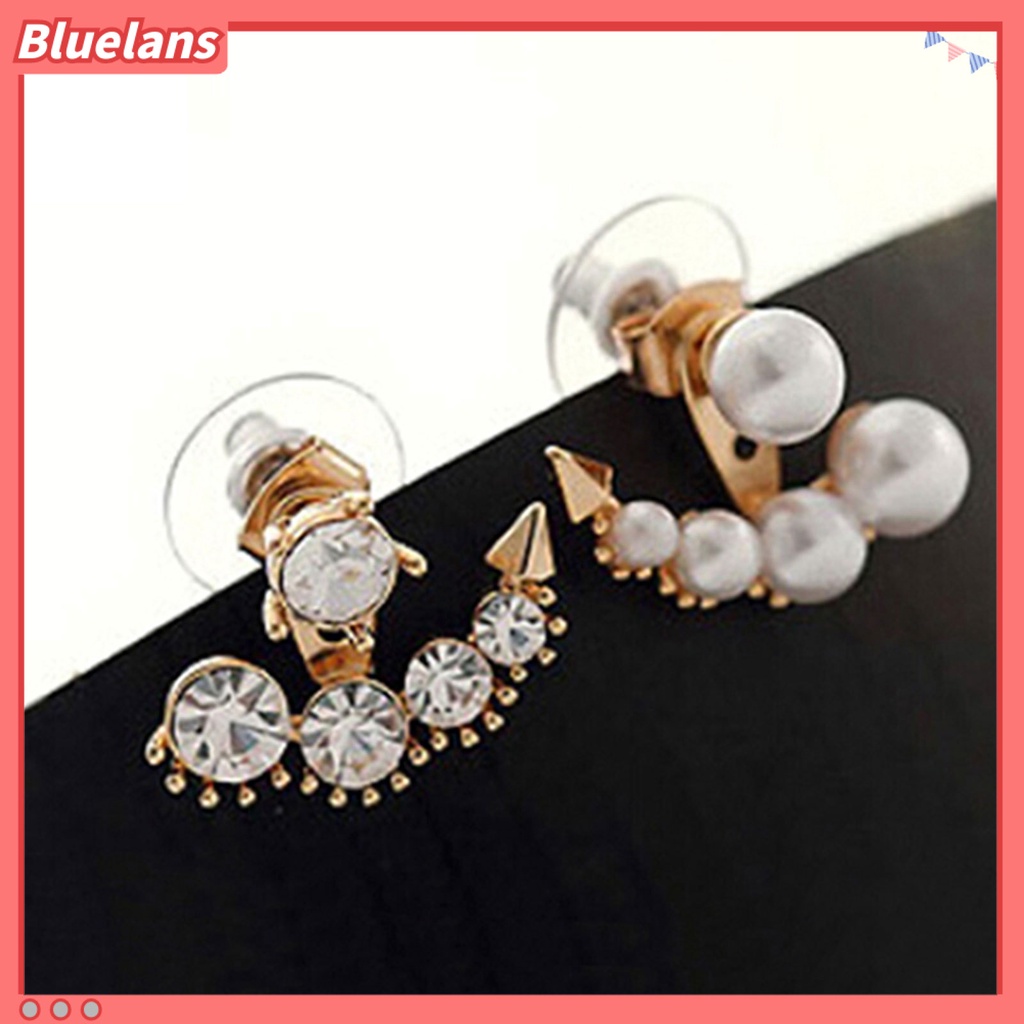 Bluelans Ear Stud Asymmetric Fashion Faux Pearl Ear Studs with Rhinestone for Women