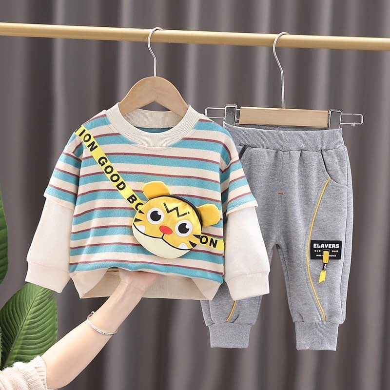 Baju Anak Laki Green Strip Tiger Boyset Celana Panjang Sweater Gambar Harimau