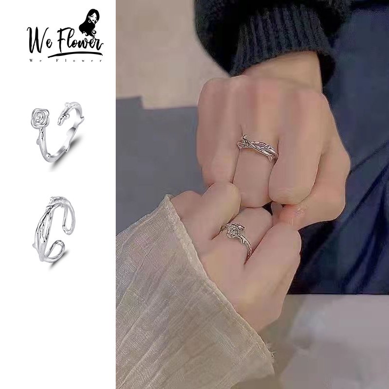 We Flower Cincin Model Terbuka Desain Ranting Bunga Mawar Mekar Warna Silver Untuk Pasangan