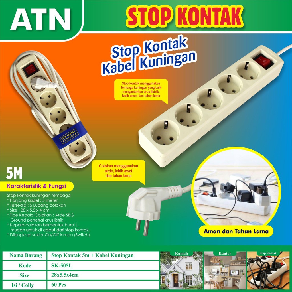 ATN Stop Kontak Terminal 3 , 4 , 5 Lubang + Kabel Steker Arde + Switch Lampu On / Off Standar SNI