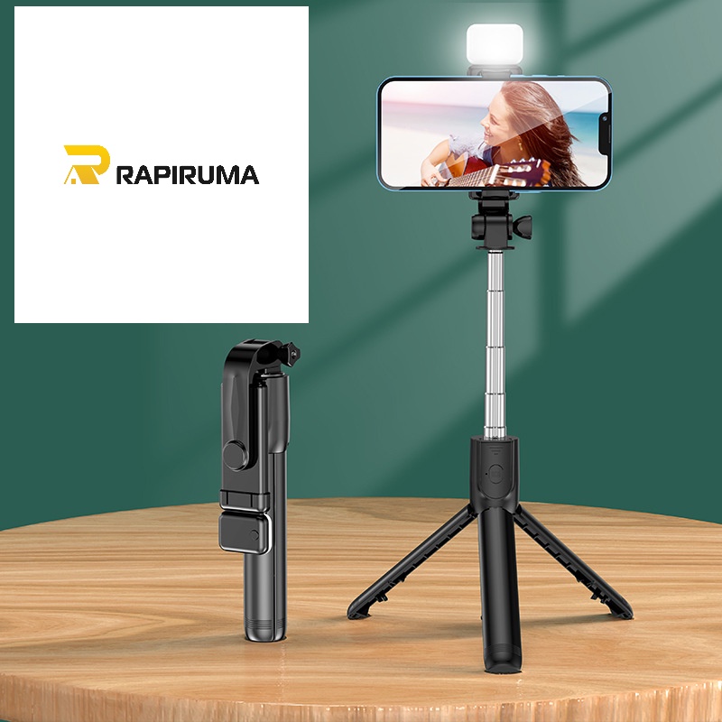 Tongsis Selfie Tripod Lampu LED Bluetooth 4 In 1 dengan remote control/ Selfie Stick Portable Flexible lampu LED/ Selfie Stick 360º-HITAM + LED
