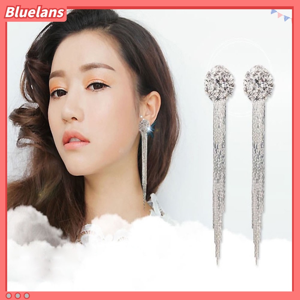 Bluelans Anting Tusuk Gantung Rumbai Panjang Hias Berlian Imitasi Untuk Pengantin Wanita