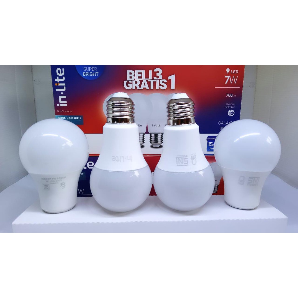Lampu In-Lite Led Paket Inlite 7w Paket In lite Pack Beli 3 Gratis 1 Putih INB007 Led Bulb 7 Watt 7 W 7Watt