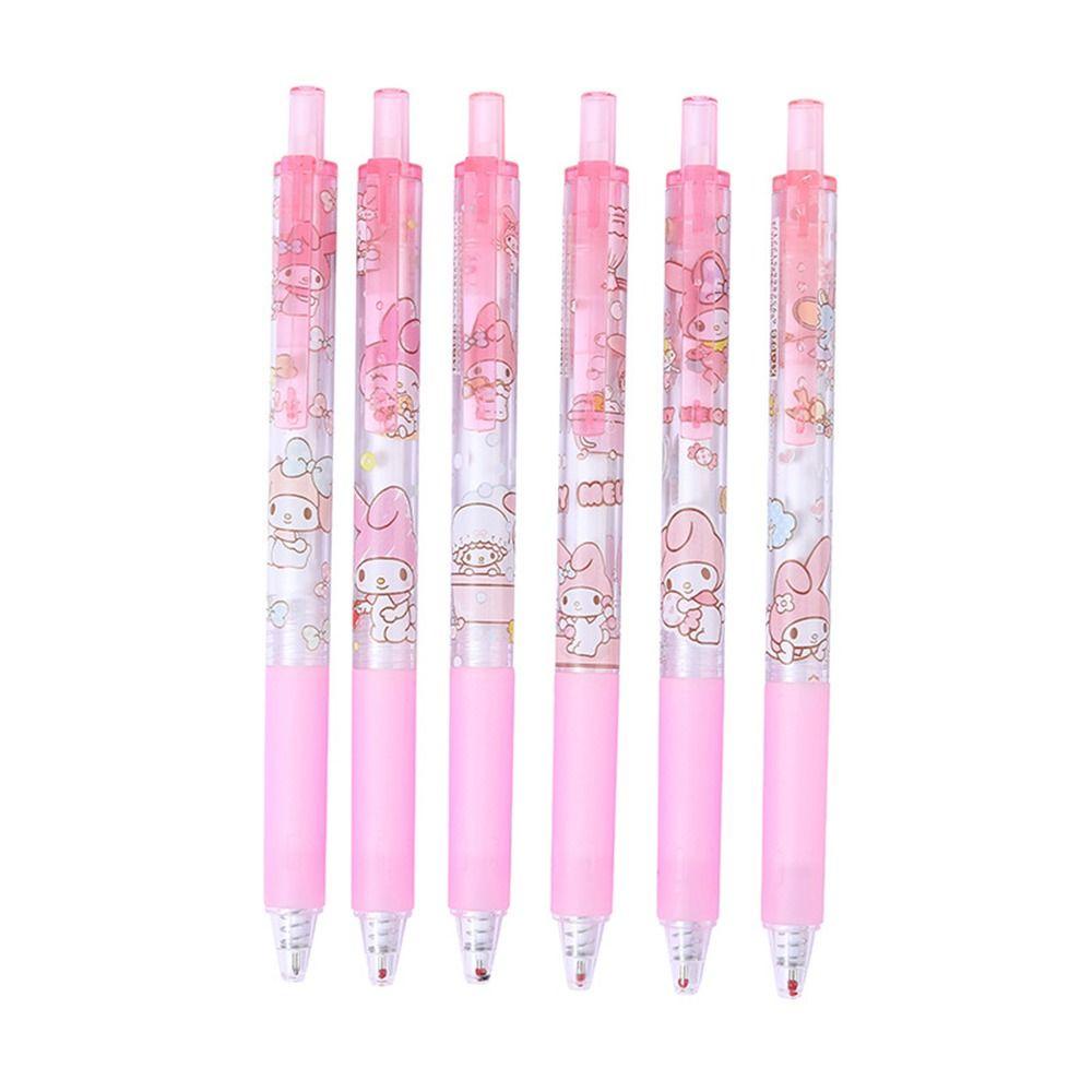 Pena Gel Kartun Agustina 6Pcs/set Perlengkapan Menulis Perlengkapan Sekolah Pena Menulis Anime Melodyku Cinnamoroll Hitam 0.5mm Pen Penandatanganan