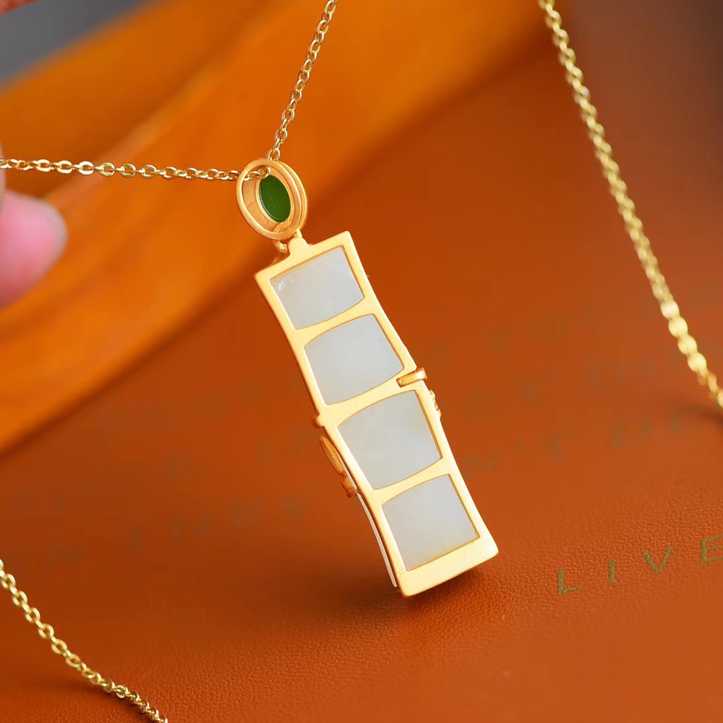 Goldkingdom Fashion Perhiasan 24K Bangkok Aksesoris Ready Stock Hetian Giok Putih Bambu Liontin Perempuan Gilt Simpul Naik Tinggi Kalung Rantai Klavikula Bambu Yang Kaya