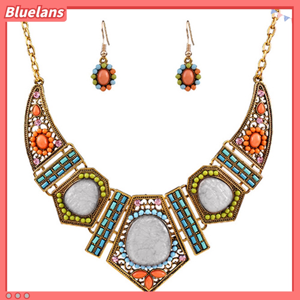 Bluelans Women Boho Colorful Hollow Statement Chain Choker Necklace Hook Earrings Set