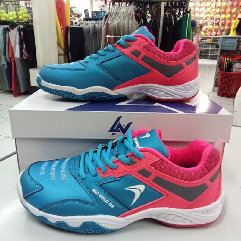 Sepatu spatu shoes bulutangkis badminton flypower rio gold c2 pink biru original