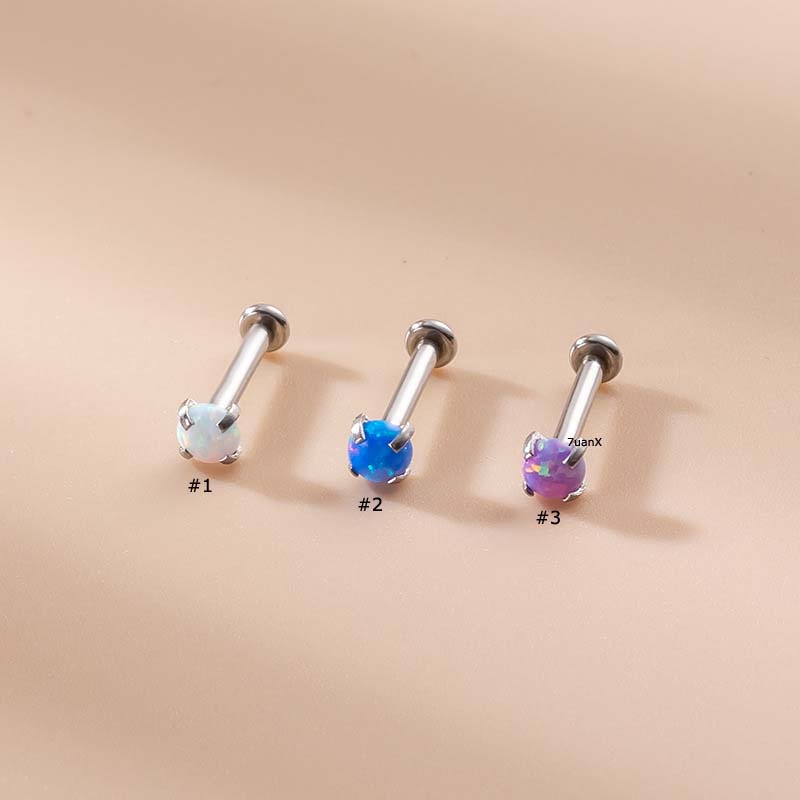 1pc Cincin Tindik Bibir Labret 16Gauge Bahan Stainless Steel Hias Batu Opal 3mm