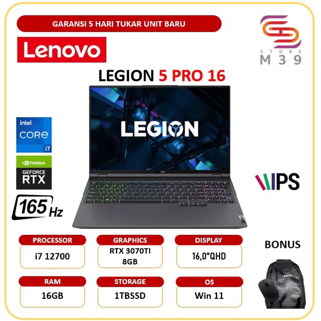 LAPTOP LENOVO LEGION 5 PRO 16 RTX3070TI 8GB/ CORE I7 12700 RAM 16GB 1TBSSD WINDOWS11 16.0QHD IPS 165HZ