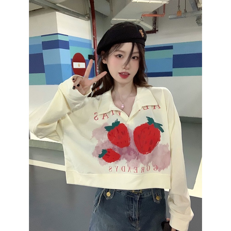 Nico##Strawberry PrintingpoloKerah Lengan Panjang Sweater Longgar Tipis Pendek Top