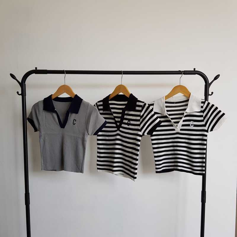 RYX - Tight CC Korean Polo T-Shirt Crop Top V-Neck Wanita Fashion Casual / Jalan-Jalan - Ori Import