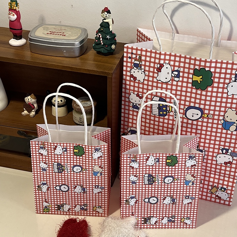 Tas Penyimpanan Kertas Portabel Motif Kartun Kucing Kotak-Kotak Warna Merah Untuk Hadiah