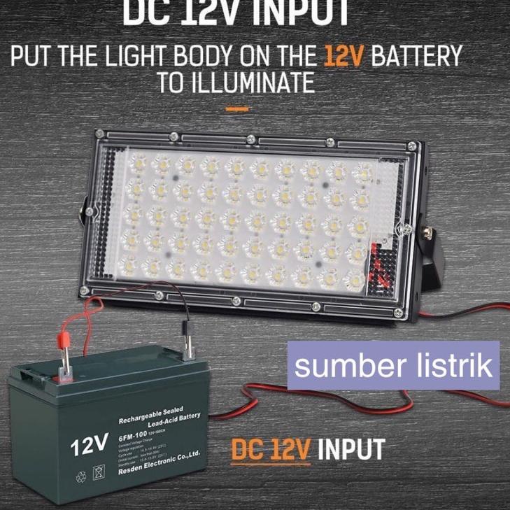 Lampu Led Sorot 12v dc  50w putih Kap Big Power Floodlight DC 12V 50W + Kabel jepit aki 1.5m/ kap ▫ 