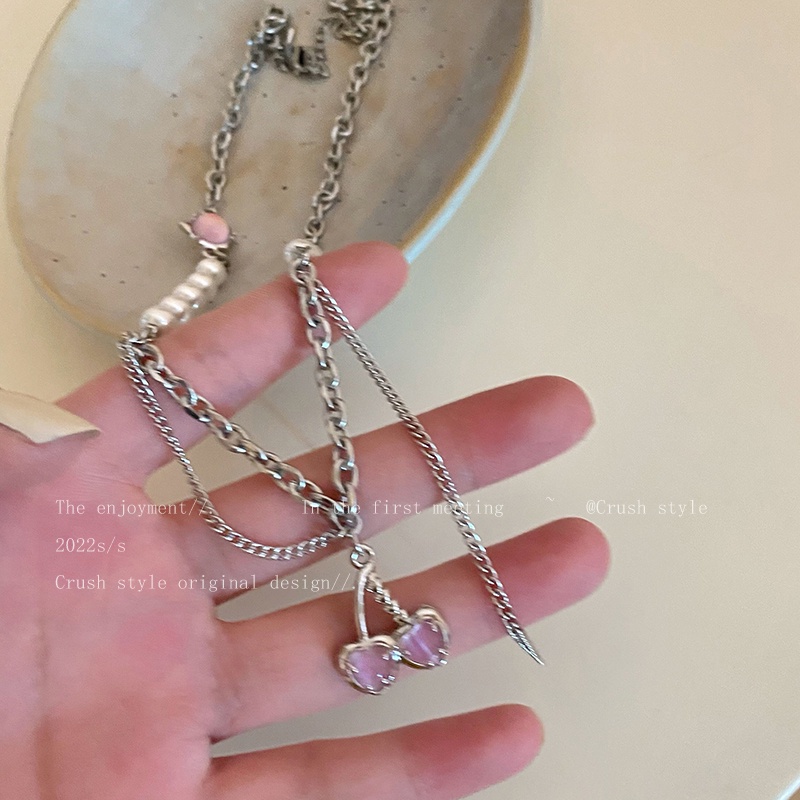 Set Anting Tusuk + Kalung Rantai Liontin Cherry Pink Hias Mutiara + Kristal Untuk Wanita