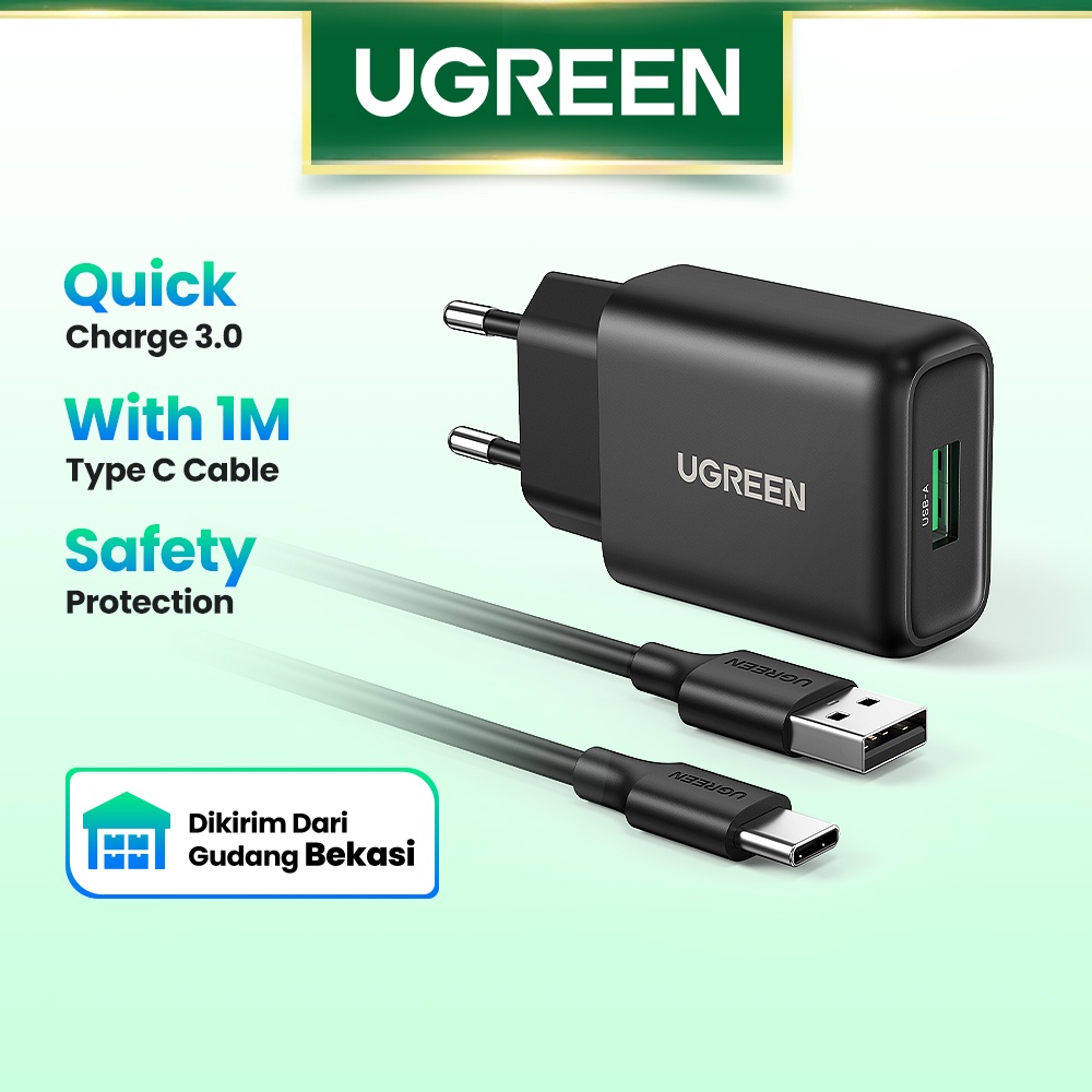 【Stok Produk di Indonesia】(With Free 1M Android Type C Kable) UGREEN Kepala Charger Hp USB 3.0 QC 18W QC3.0 Fast Charging 1M Untuk Xiaomi