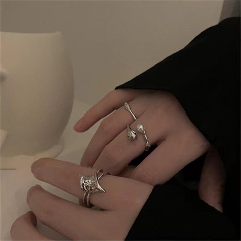 3pcs / Set Cincin Jari Bentuk Geometri Aksen Mutiara Bahan Alloy Gaya Korea Untuk Wanita