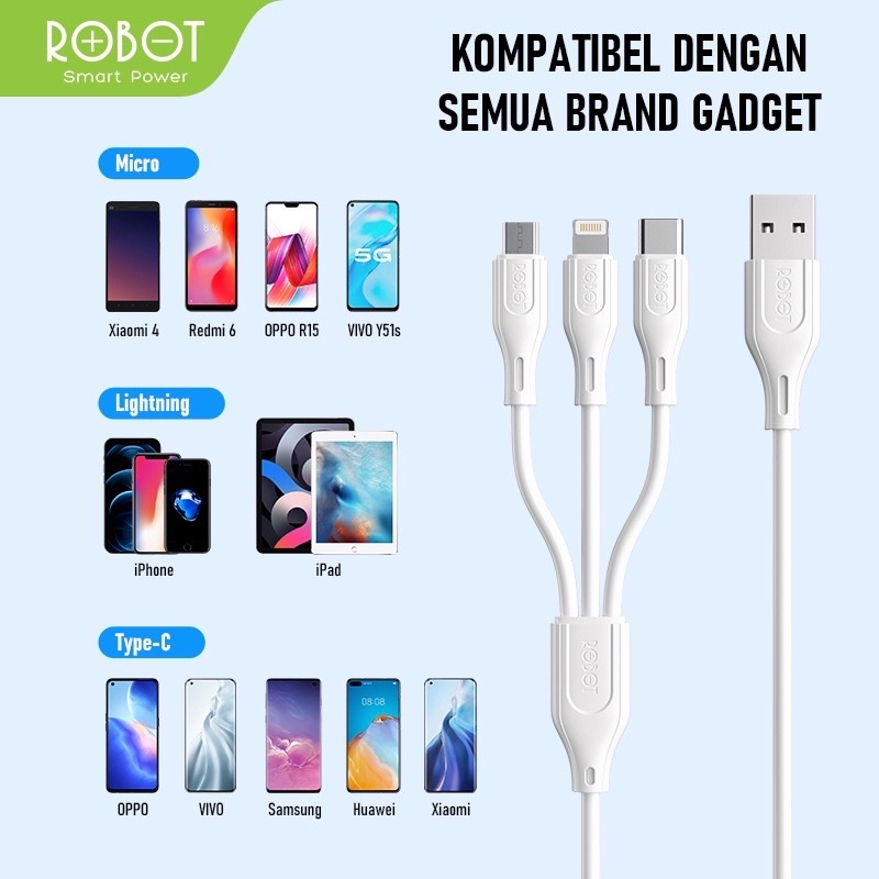 (ROBOT 3in1) Kabel Data Quick Charging 3A Usb Micro/ Type-C / Lightning/ Support Fast Charge 120cm