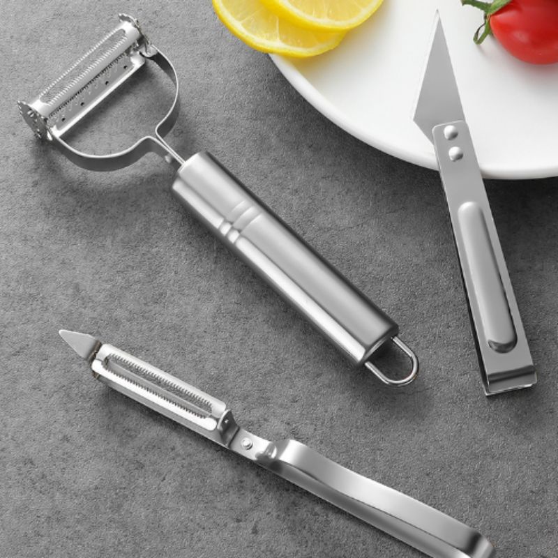 GrosirMart Peeler Pisau Pengupas Buah Sayur Set 3 in 1 Stainless Peeler Capit Parutan 3 in 1 Stainless Steel