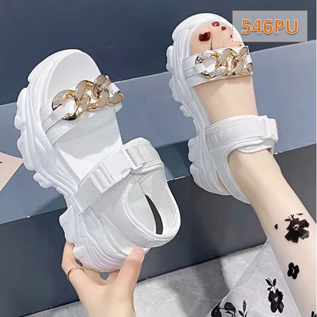 Sandal Tali Wanita Rantai Fahion Kasual Korea Sol Tebal 5 Cm Hitam Putih (546)