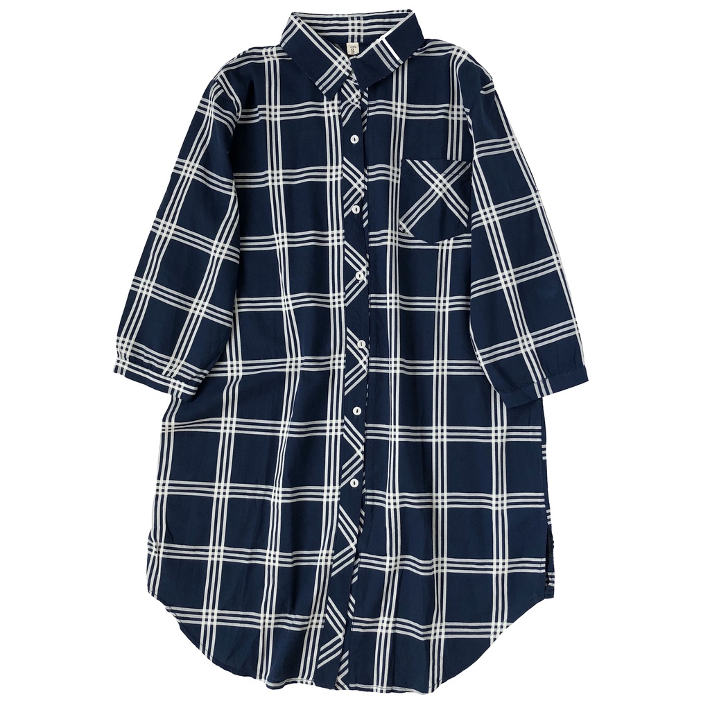 BLUS KEMEJA TUNIK KATUN PREMIUM KOTAK BIRU NAVY PUTIH KOREA IMPORT