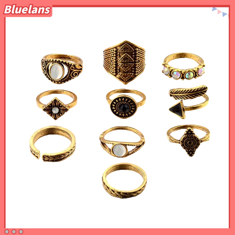 Bluelans 10Pcs Boho Women Retro Sun Feather Arrow Carved Knuckle Midi Stacking Rings