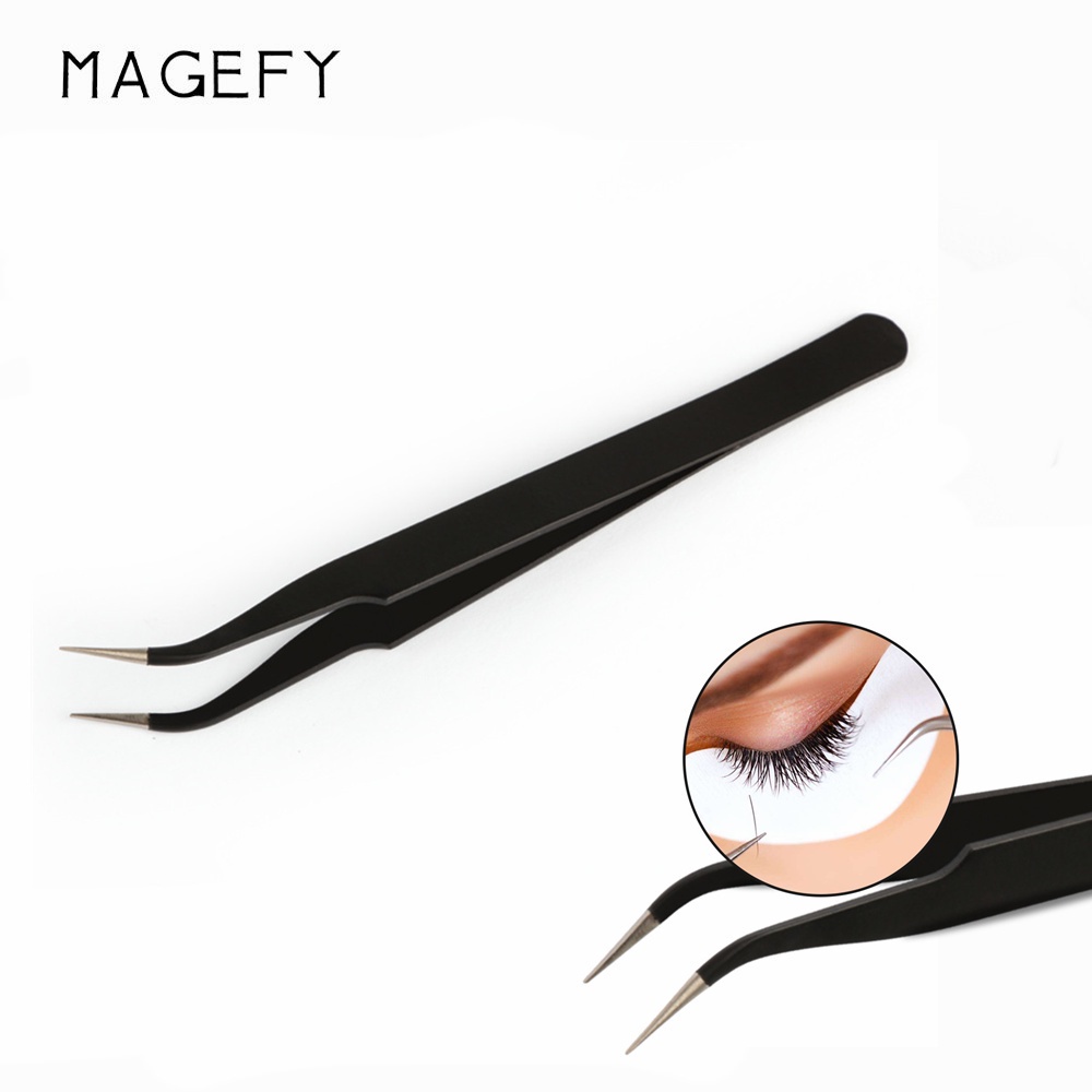 MAGEFY Ekstensi Pinset Bulu Mata Profesional Stainless Steel Portable Anti-statis Makeup Remover Tahan Lama Curvy Tweezer (Hitam)Penjepit  Alat Kecantikan Alat Rias 5581